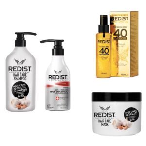 Pachet Redist Anti-Cădere a Părului, Creștere și Regenerare - Șampon Usturoi 1L, Șampon Anti-Cădere Redist 500 ml, Mască Usturoi 475 ml + Ulei Tratament cu 40 de Uleiuri Naturale